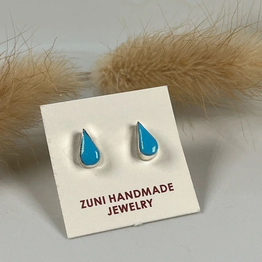 Solid 925 Sterling Silver Zuni Handmade Turquoise Stud Pierced Earrings
